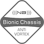 <b>Chasis biónico:</b> marcos de alta tecnología con campo de salida optimizado aerodinámicamente,
 construcción diagonal y cuatro amortiguadores de resonancia/interferencia  (Deepsound Design).